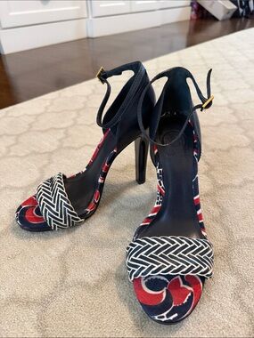 Tory Burch Navy Leather Ankle-Strap High Heels with Braided Front